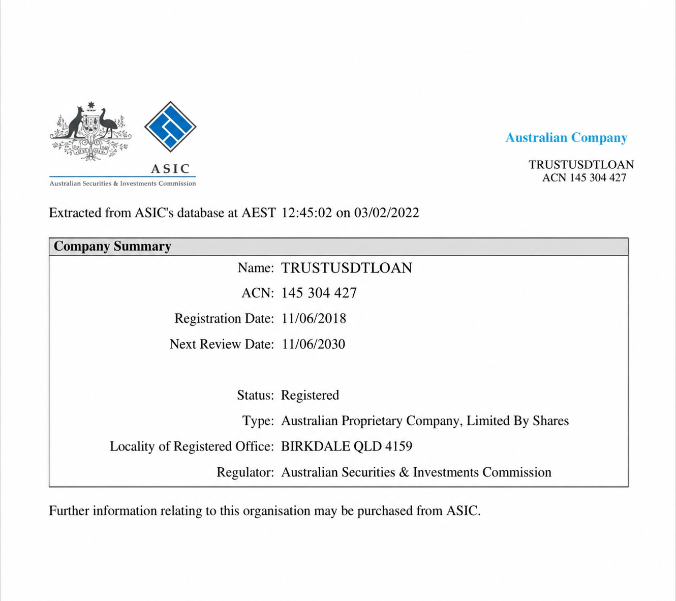 ASIC company extract for TRUSTUSDTLOAN, ACN 145 304 427, registered 11 June 2018, registered office Birkdale QLD 4159